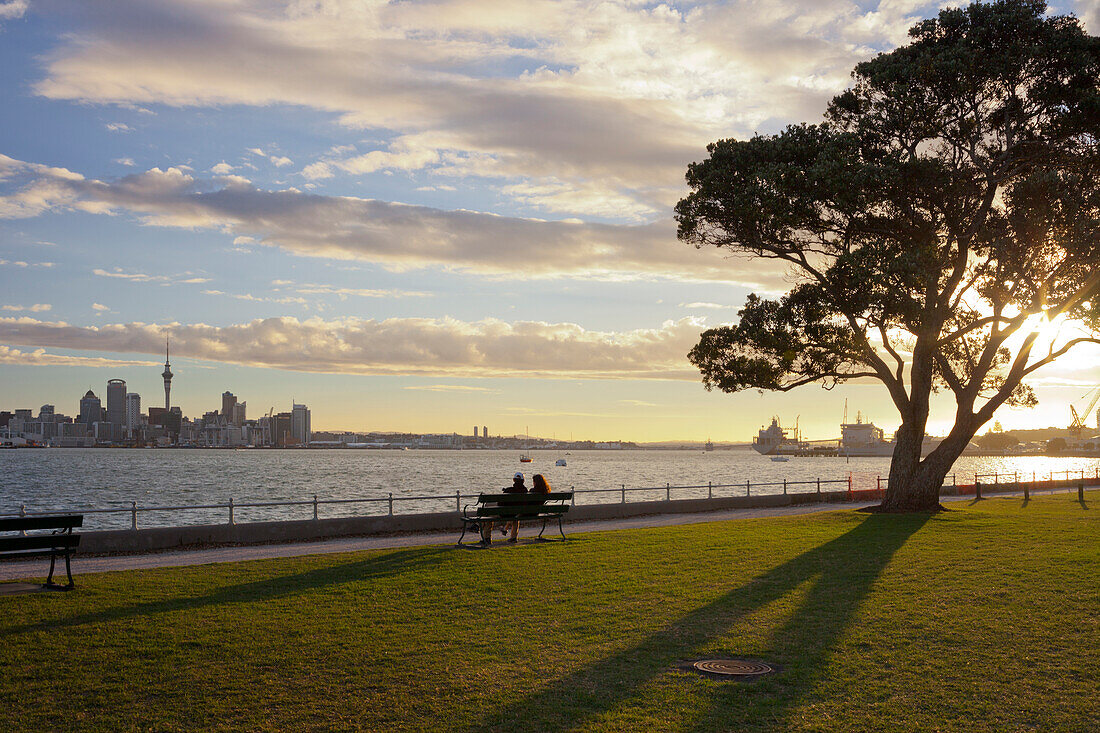 Couple sitting on a bench looking at the Auckland skyline, Stanley Bay, North Island, New Zealand