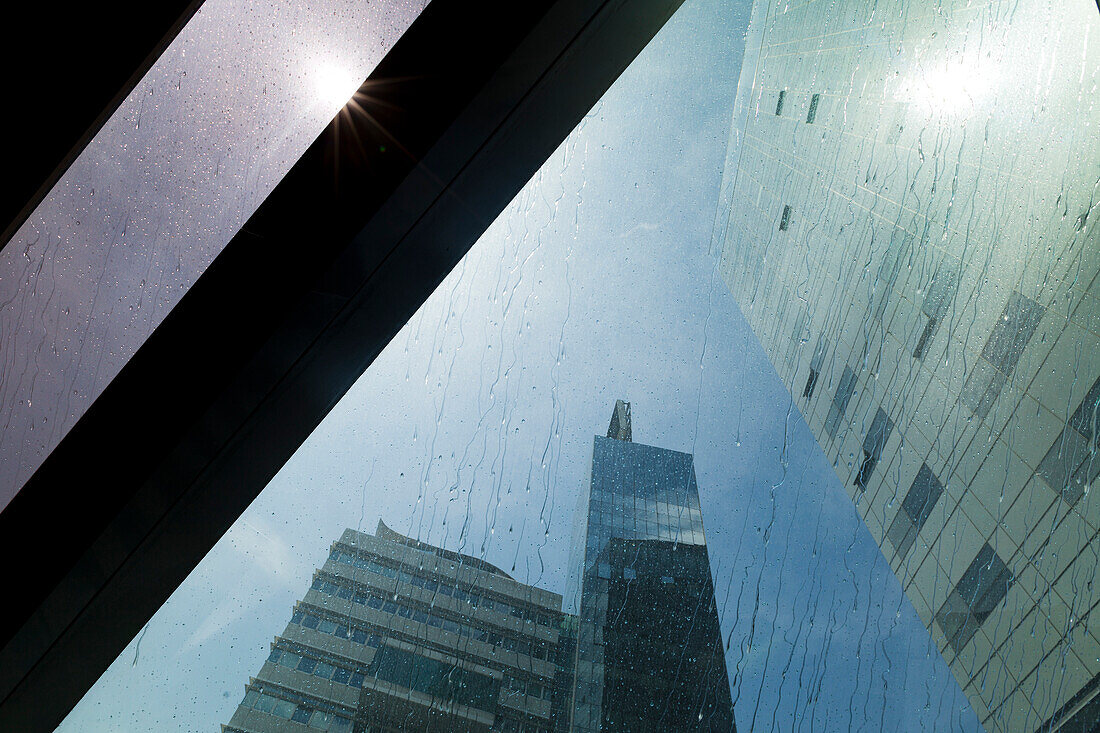 Condensation on a glass facade, highrise buildings, Vienna, Austria