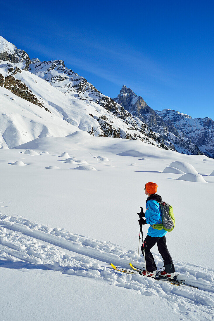 Female back-country skier ascending to Agglsspitze, Tribulaun in background, Agglsspitze, Pflersch valley, Stubai Alps, South Tyrol, Italy