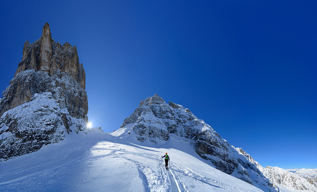 Female back-country skier ascending to Cristallo wind gap, Cristallo, Dolomites, Belluno, Veneto, Italy