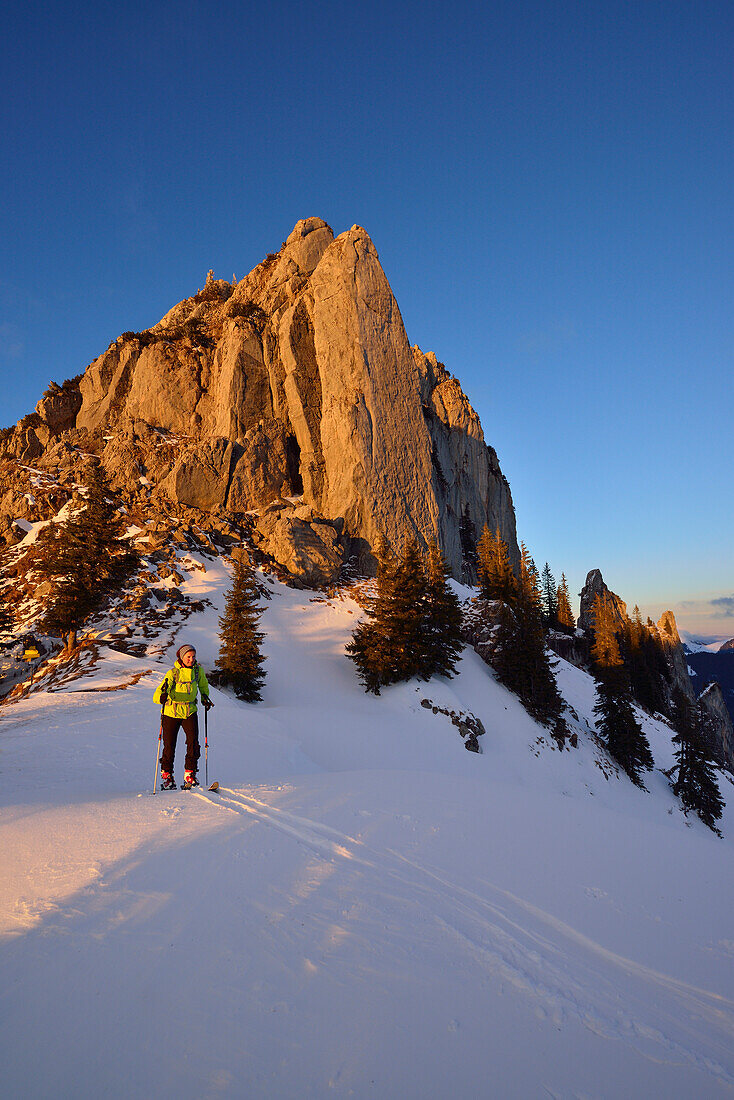 Skitourengeherin steigt zum Risserkogel auf, Blankenstein im Hintergrund, Bayerischen Voralpen, Oberbayern, Bayern, Deutschland