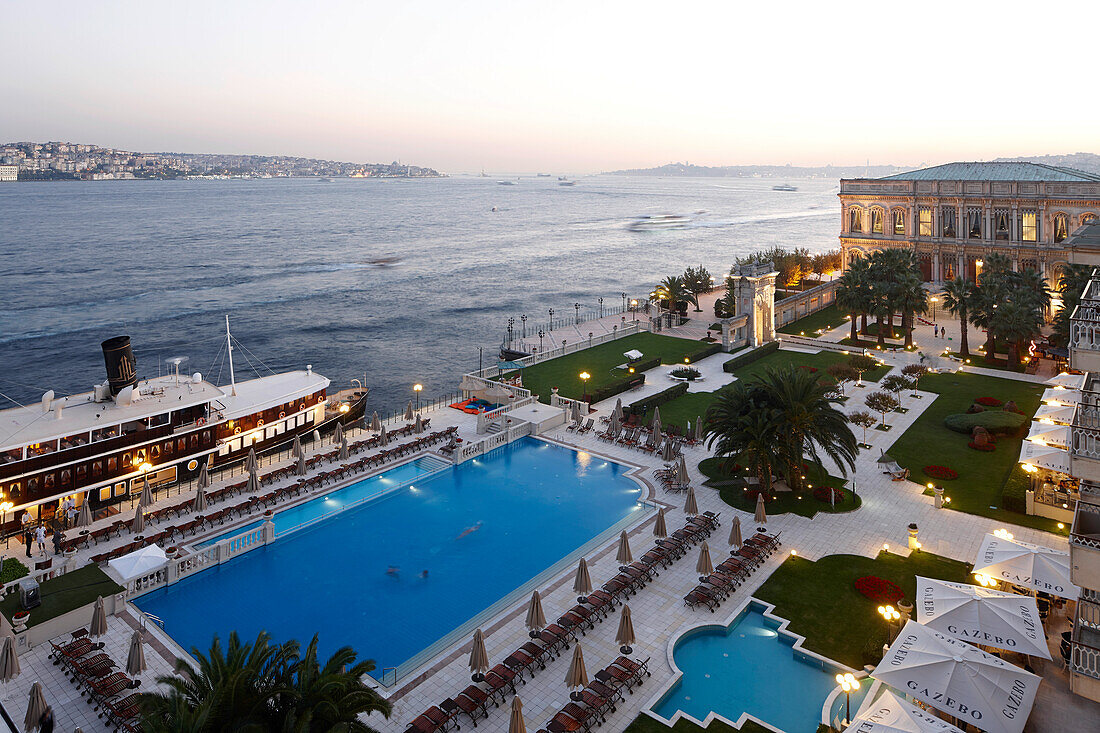 View over a hotel complex in the evening, Ciragan Palace, Istanbul, Turkey