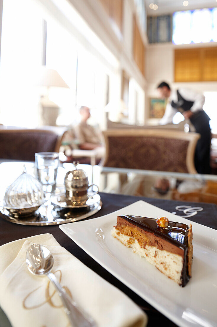 Cake and tea served in a hotel restaurant, Istanbul, Turkey