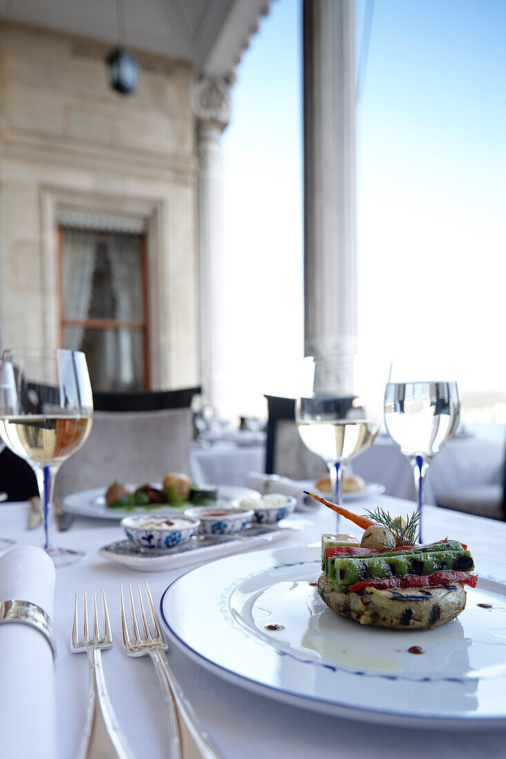 Dinner on terrace of a hotel restaurant, Istanbul, Turkey