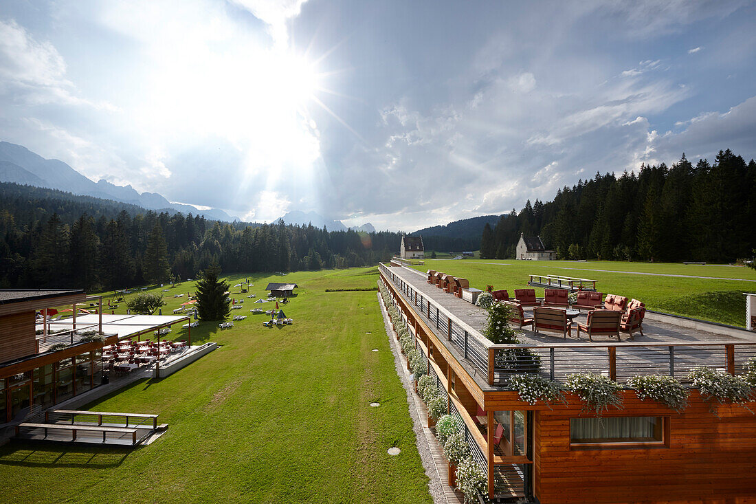 View over a hotel complex with bath, Klais, Krun, Upper Bavaria, Germany