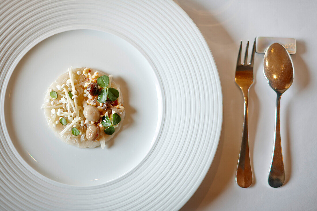 Marinated scallops with Enoki mushrooms, Angelik pearls and pomelos served in a gourmet restaurant, Baerenthal, Moselle, Lorraine, France