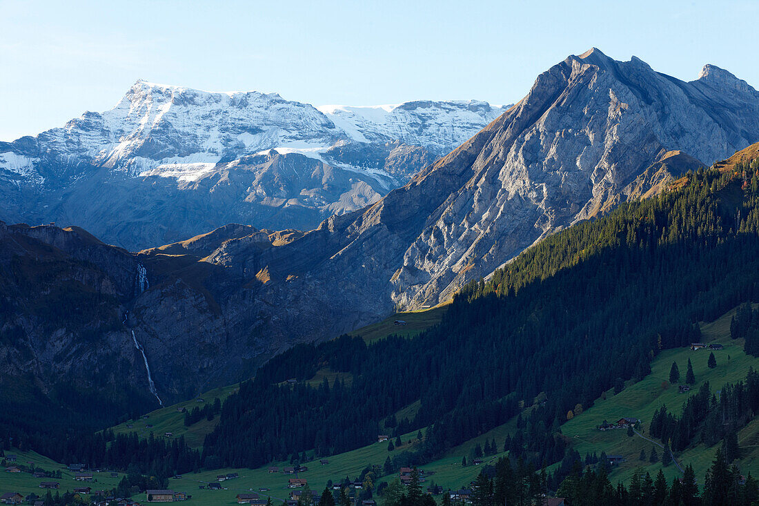 Engstligen falls, Engstligenalp with Fitzer and Wildstrubel, Adelboden, Canton of Bern, Switzerland