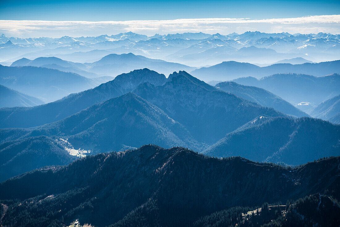 Luftaufnahme, Alpenkette bei Tegernsee, Oberbayern, Bayern, Deutschland