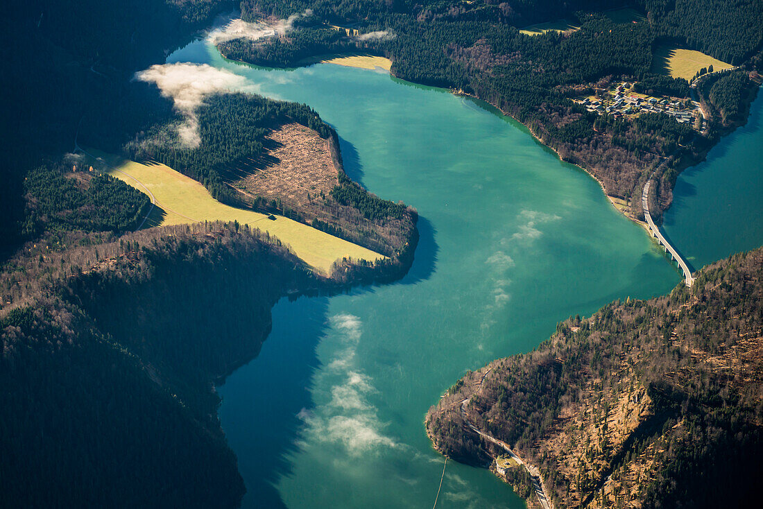 Aerial photo of lake Sylvensteinsee, near Lenggies, Upper Bavaria, Bavaria, Germany