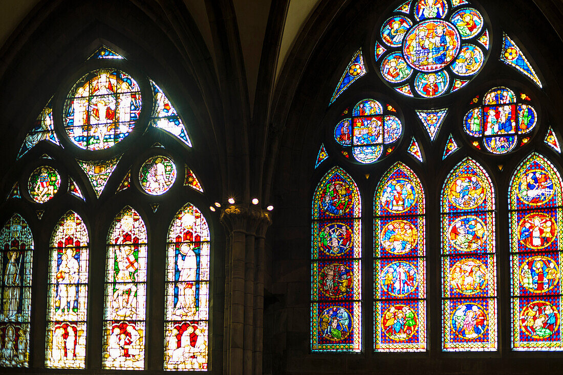 Stained glass windows in the Freiburg Minster, historic center, Freiburg im Breisgau, Black Forest, Baden-Wuerttemberg, Germany