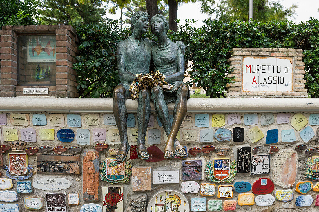 Keramic tiles signed by celebrities who visited the place in the past decades, Muretto di Alassio, Alassio, Province of Savona, Riviera di Ponente, Liguria, Italy