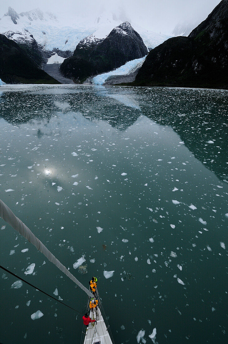 View from a mast of a sailing boat, Fjordo Pia, Cordillera Darwin, Tierra del Fuego, Chile