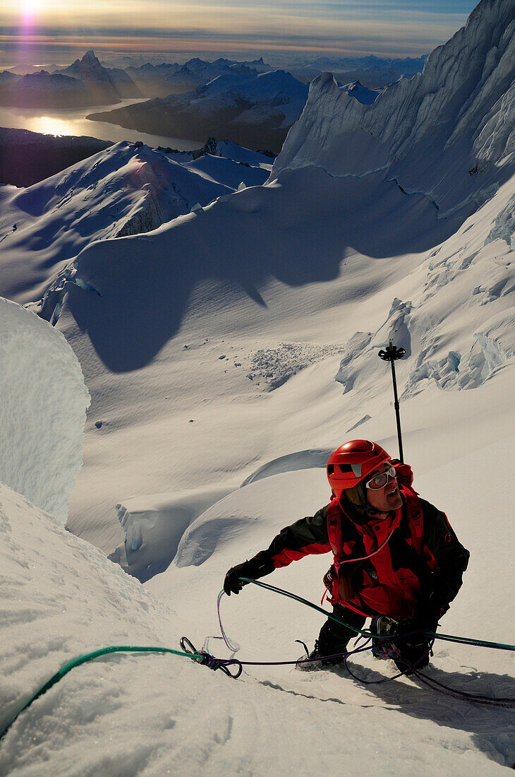 Mountaineer in the north face of Monte Sarmiento, Cordillera Darwin, Tierra del Fuego, Chile