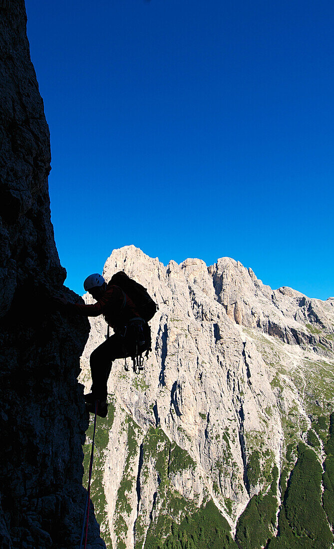 Kletterer an der Pala del Rifugio, Palagruppe, Trentino, Italien