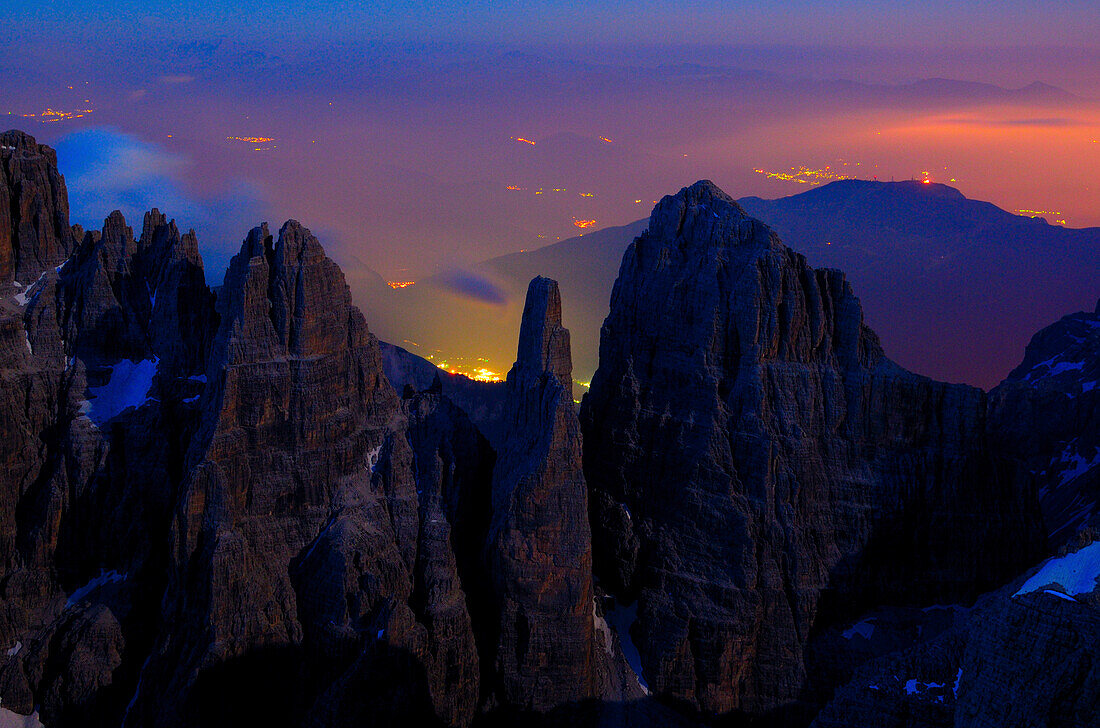 View from Crozzon di Brenta to Campanile Basso and Cima Brenta Alta at night, Brenta Dolomites, Trentino, Italy