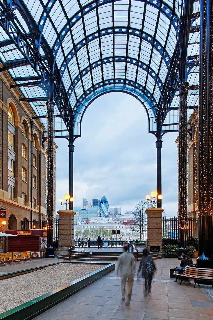 View through Hay's Galleria (Southbank) towards the City, London, England, United Kingdom