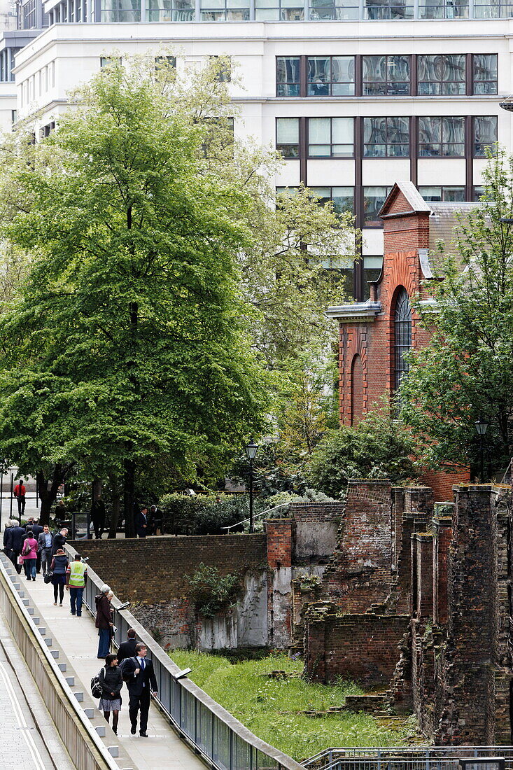 Noble Street with remains of the roman city fortification, City, London, England, United Kingdom