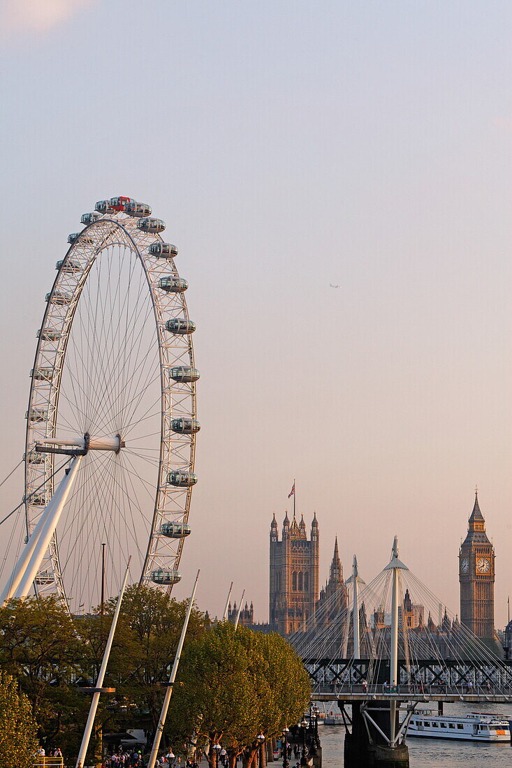 South Bank, London Eye, Thames and Westminster Palace aka Houses of Parliament, Westminster, London, England, United Kingdom