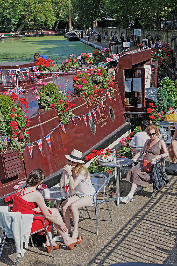 Boat cafes in Little Venice, Regent's Canal, Camden, London, England, United Kingdom
