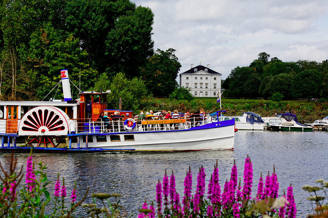 Excursion boat on river Thames in front of Marble Hill House, Richmond upon Thames, Surrey, England, United Kingdom