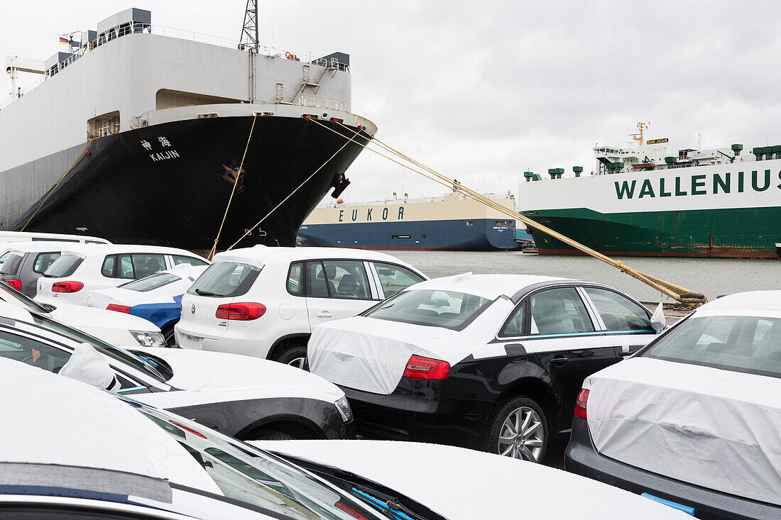 New cars on a parking area awaiting shipping, Bremerhaven, Bremen, Germany