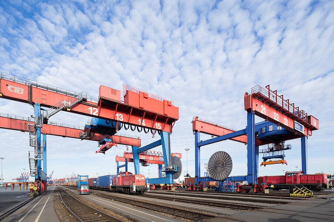 Güterzug fährt unter eine Containerbrücke hindurch, Hamburg, Deutschland