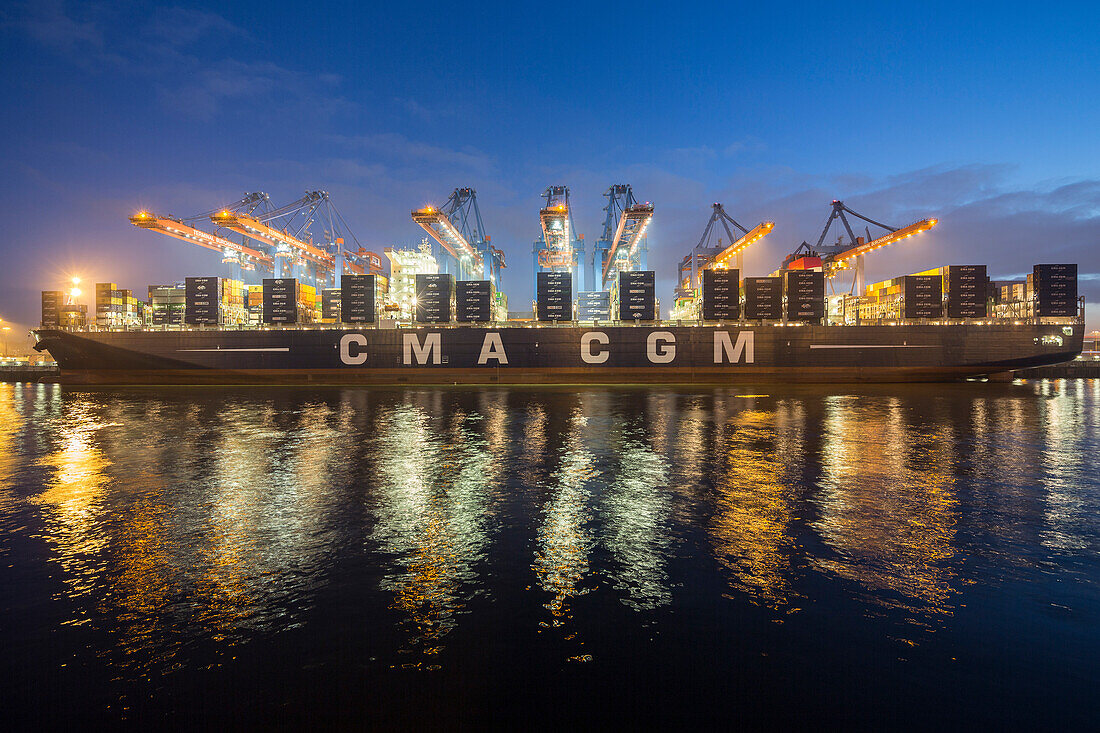 Loading and unloading of the container ship CMA CGM Marco Polo in the Container Terminal Burchardkai in Hamburg, Germany