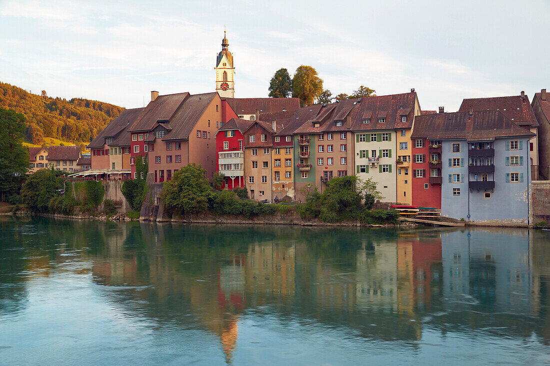 View of Laufenburg, Switzerland, across the river Rhine, seen from Baden-Weurttemberg, Hochrhein, Baden-Wuerttemberg, Germany, Europe