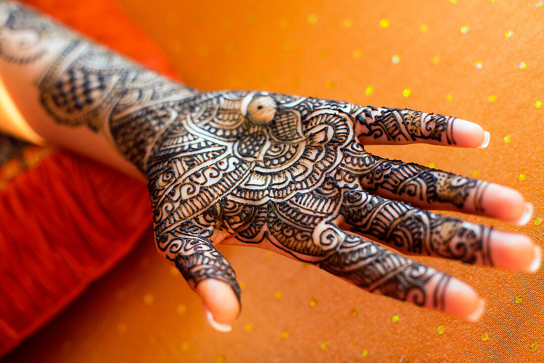 Close up of hand with intricate henna design, Chicago, Illinois, USA