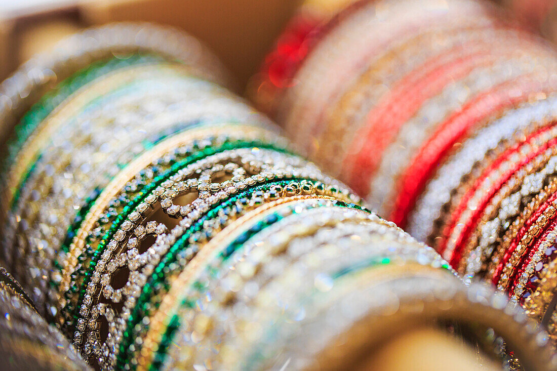 Close up of rows of bangles for sale, Chicago, Illinois, USA