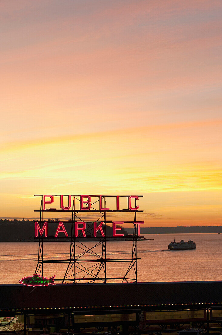 The Public Market sign at the Pike Place Market in the evening light, Seattle, Washington, USA