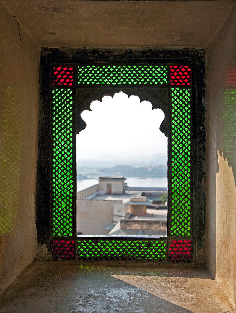 Open Stained Glass Window in City Palace, Udaipur, Rajasthan, India