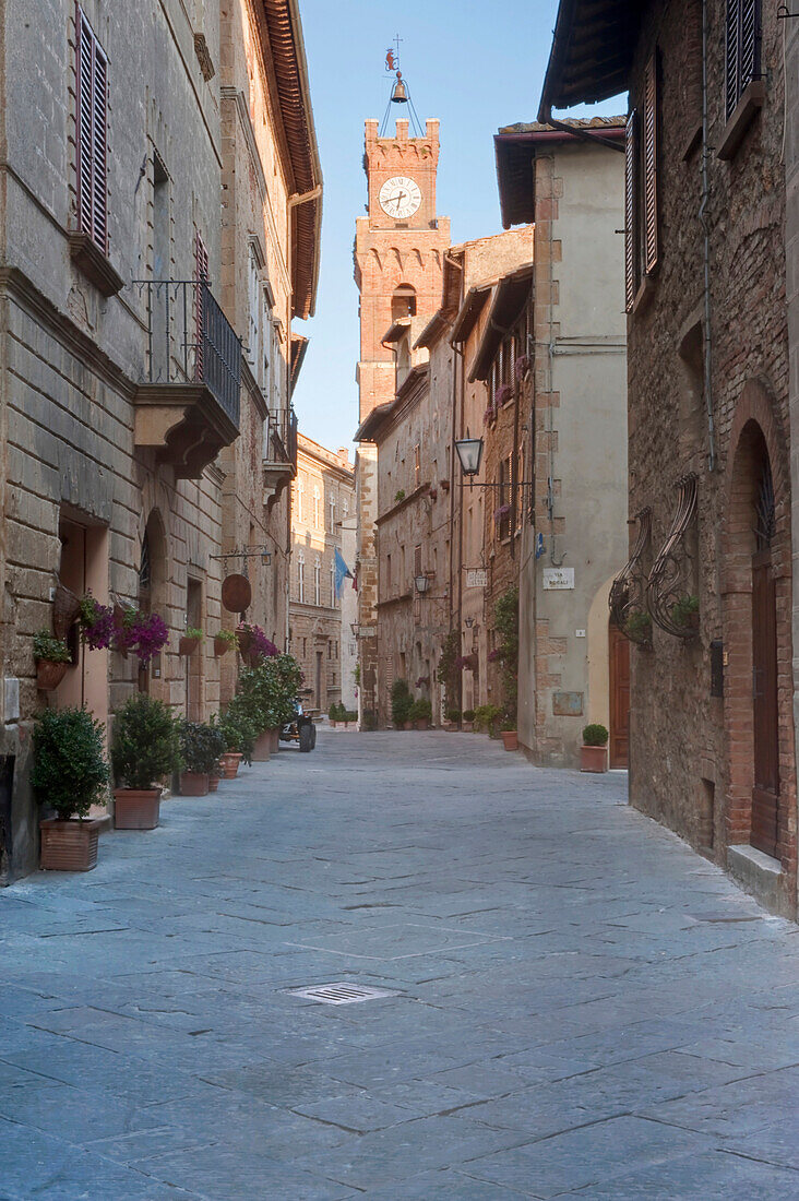 Medieval Street and Clock Tower, Tuscany, Italy
