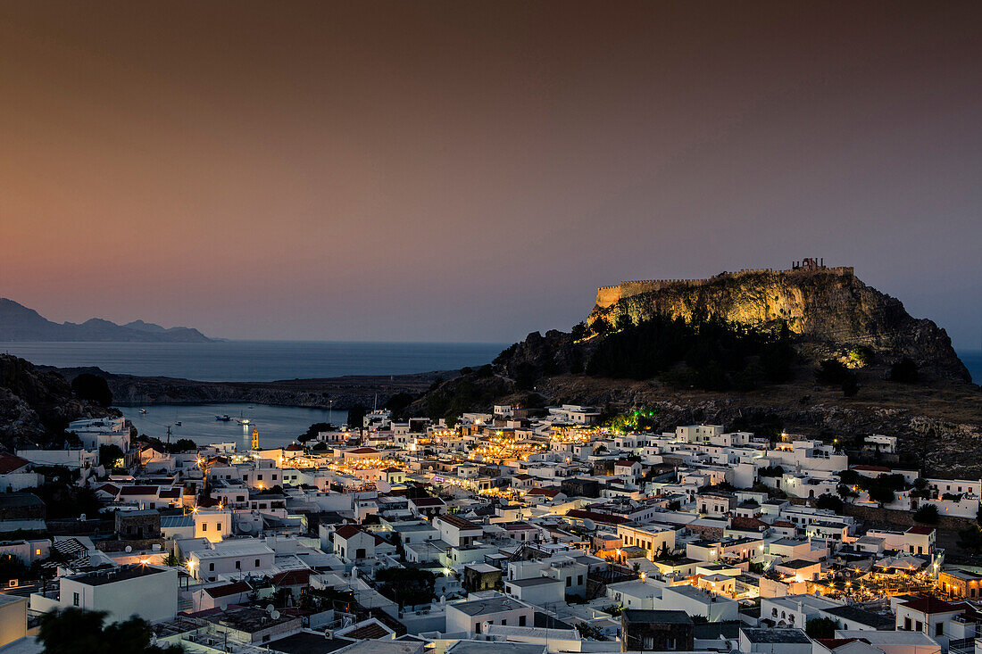 A view over the town and whitewashed houses of Lindos, Rhodes, Greece