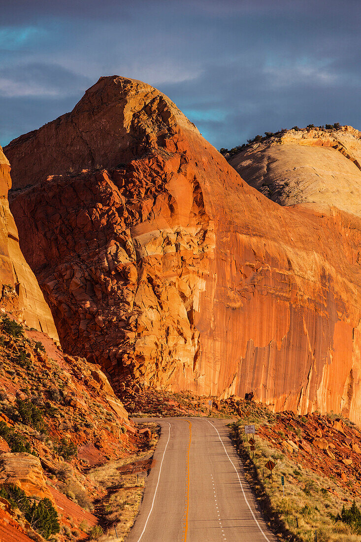 Rock formations over rural road, Wayne, Utah, United States, Wayne, UT, USA