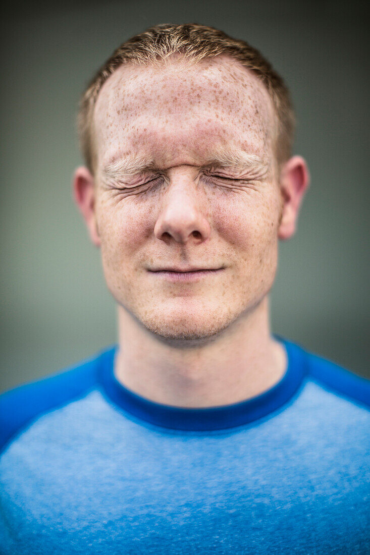 Close up of Caucasian man squinting, Los Angeles, CA, USA