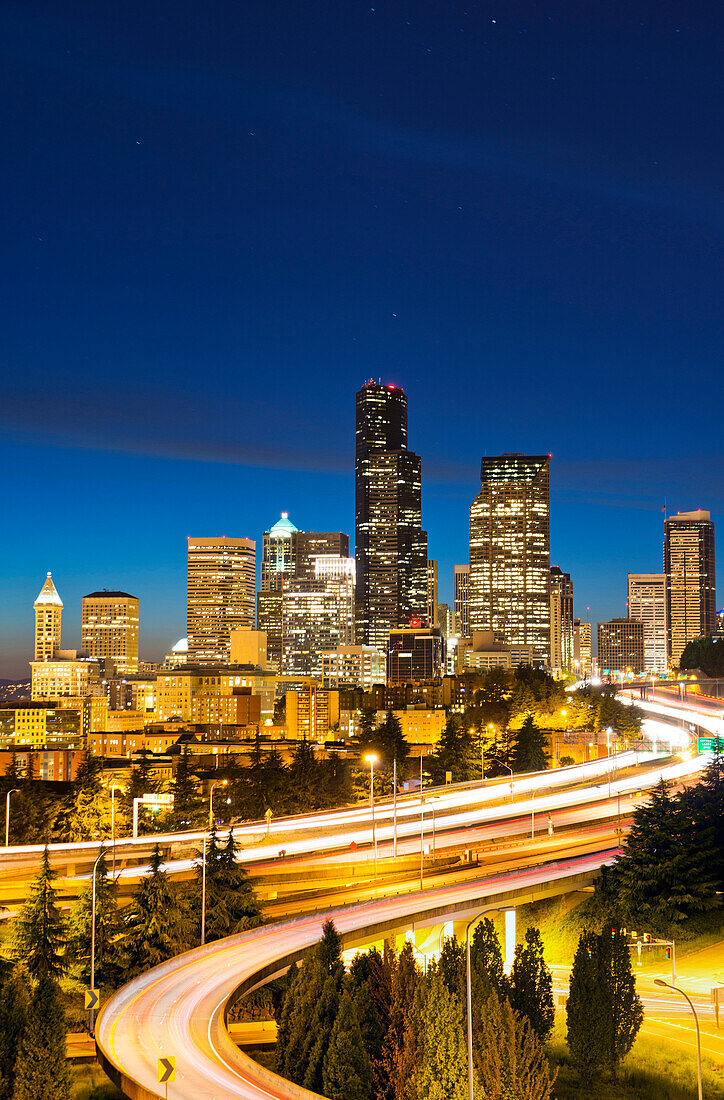 Freeways and Seattle skyline at night, Seattle, Washington, United States, Seattle, Washington, Usa