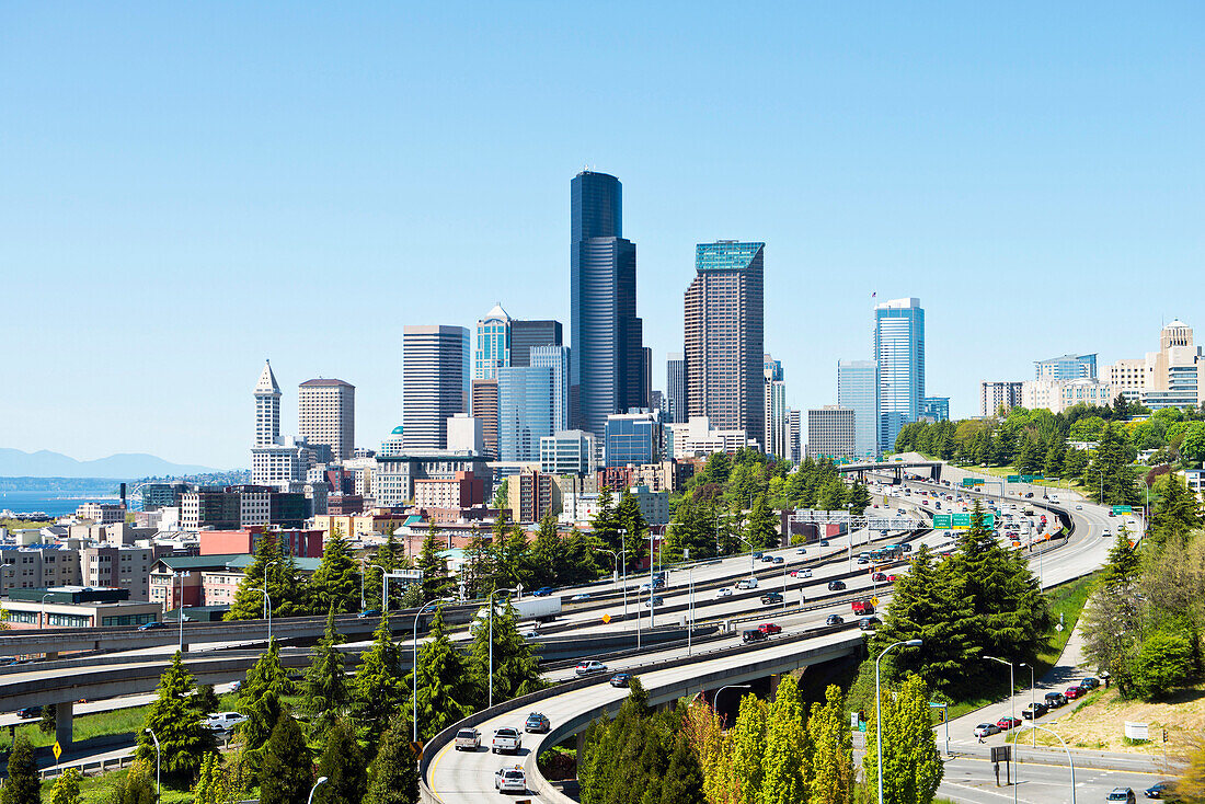 Freeways and Seattle skyline, Seattle, Washington, United States, Seattle, Washington, Usa