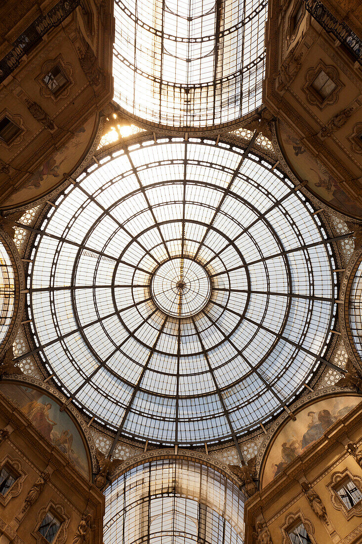 Low angle view of ornate glass ceiling, milano, Lombardia, Italy