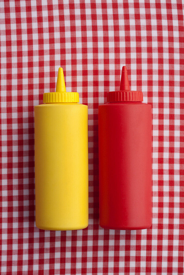 Close up of ketchup and mustard bottles, Santa Fe, New Mexico, USA
