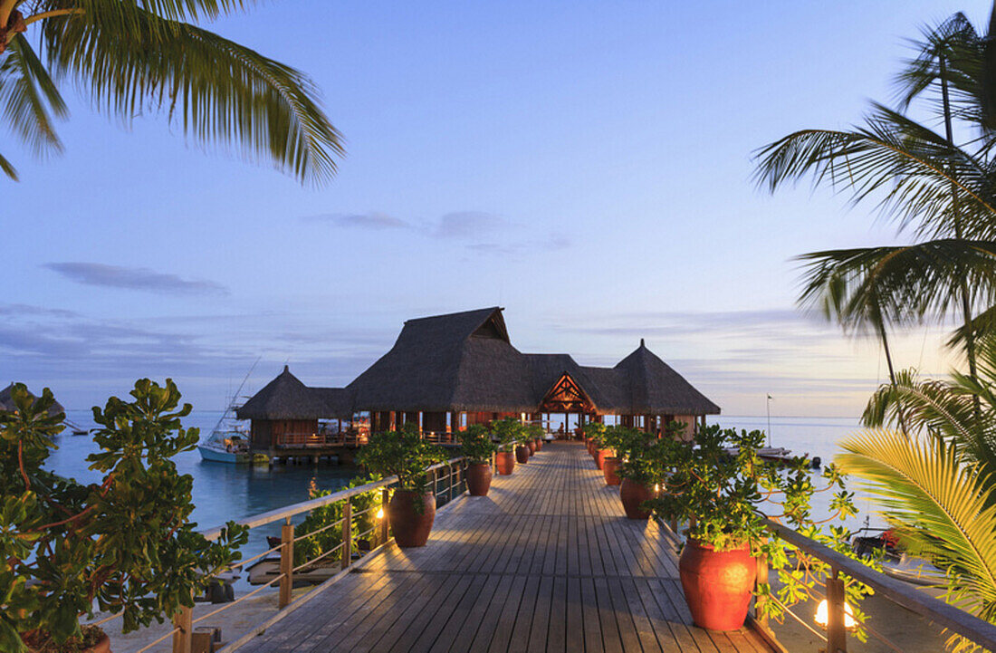 Deck and restaurant over tropical ocean, Bora Bora, French Polynesia, Bora Bora, Bora Bora, French Polynesia