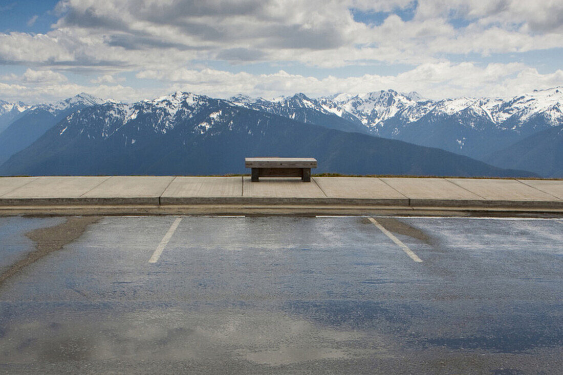 Park bench facing Hurricane Ridge, Olympic National Park, Port Angeles, Washington, United States, None, Washington, USA