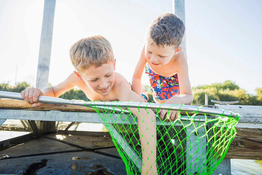 Caucasian boys using fishing net on dock, American Fork, Utah, USA