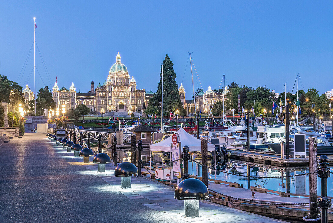 Parliament Buildings and harbor illuminated at dawn, Victoria, British Columbia, Canada, Victoria, British Columbia, Canada
