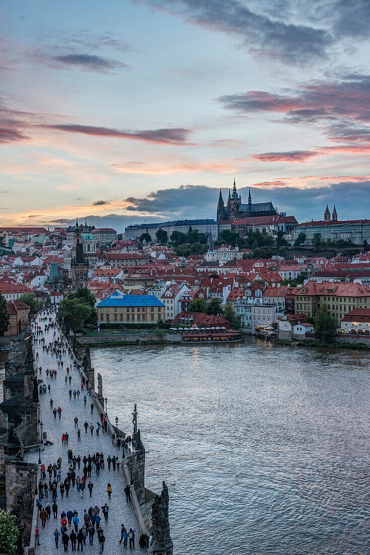 Charles Bridge, Prague Castle and cityscape at sunset, Prague, Czech Republic, Budapest, Central Hungary, Hungary