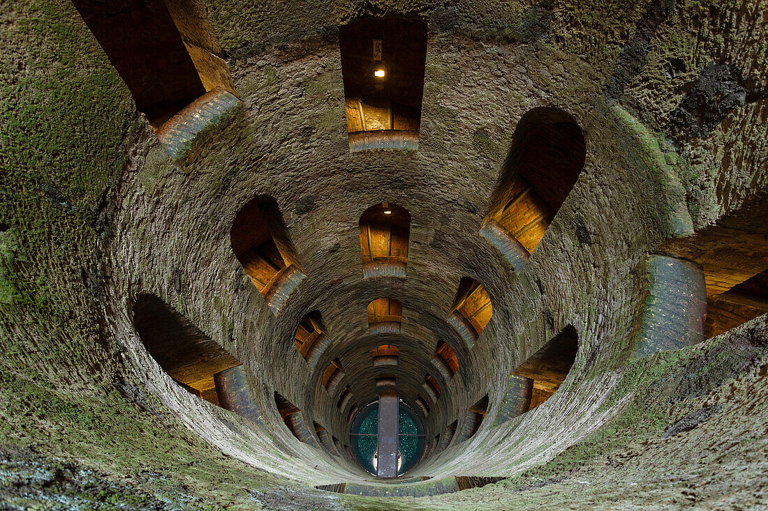 view downwards, Pozzo di San Patrizio, well, shaft, water supply from the 16th century, architecture, double helix ramps, staircase, bridge, water, Orvieto, hilltop town, province of Terni, Umbria, Italy, Europe