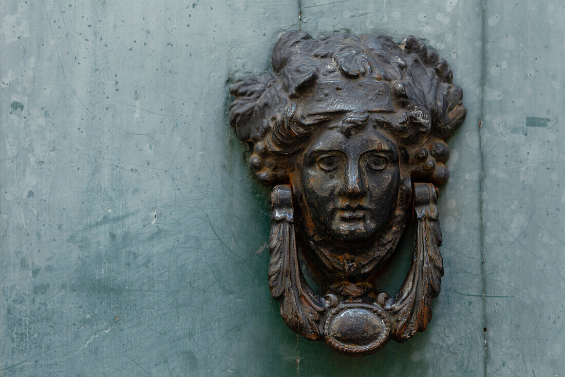 Close up of a door knocker, Orvieto, hilltop town, province of Terni, Umbria, Italy, Europe