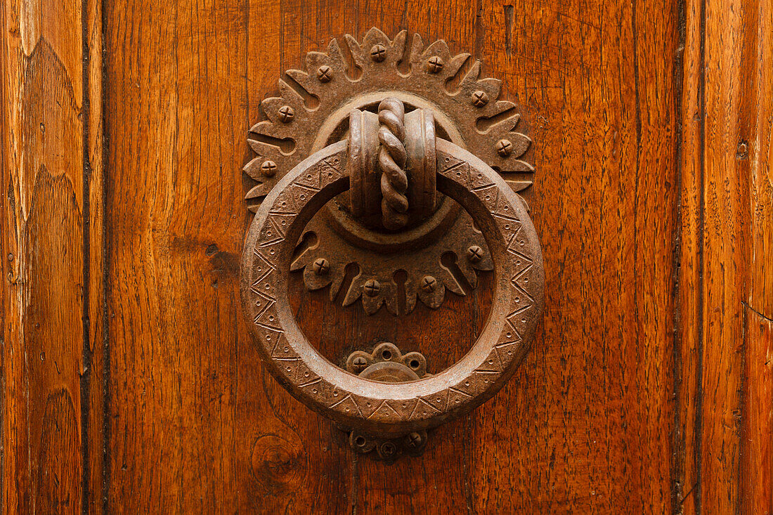 Close up of a door knocker, Orvieto, hilltop town, province of Terni, Umbria, Italy, Europe