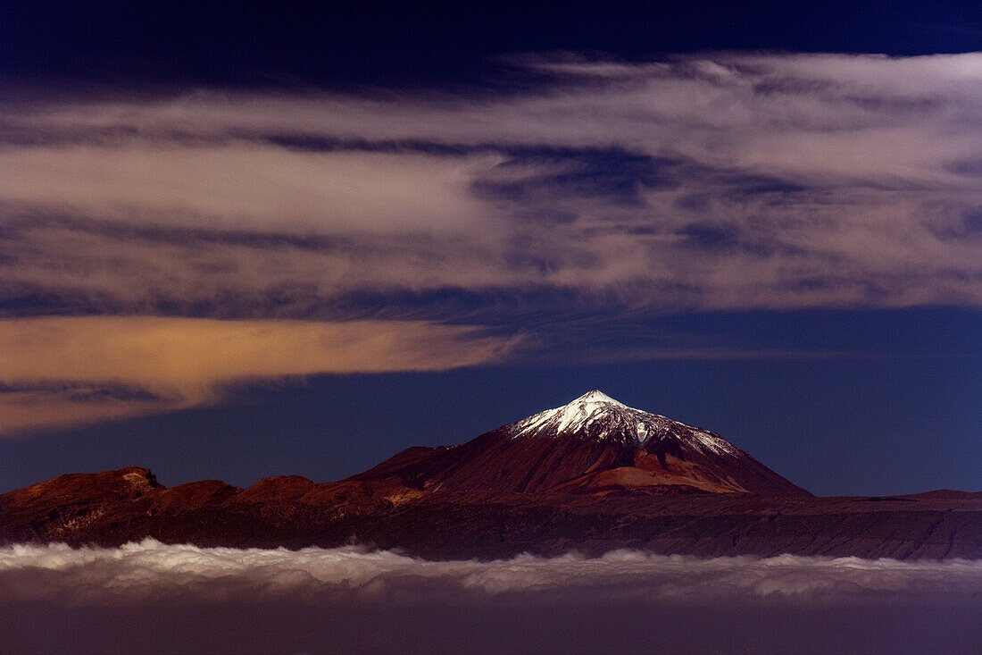 View from Tamadaba pine forest to Teide volcano on Tenerife with snow, mountains, Natural Preserve, Parque Natural de Tamadaba, UNESCO Biosphere Reserve, West coast, Gran Canaria, Canary Islands, Spain, Europe