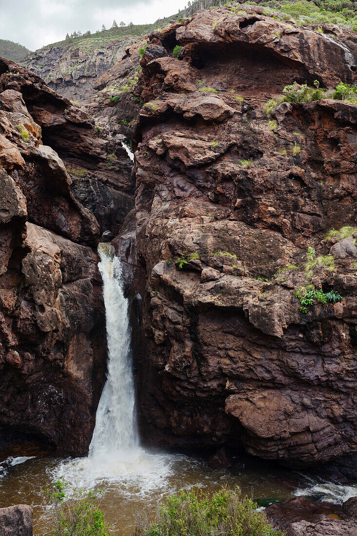 Charco Azul, waterfall to the pond, gorge at the end of El Risco valley, near El Risco, near Agaete, Natural Preserve, Parque Natural de Tamadaba, UNESCO Biosphere Reserve, West coast, Gran Canaria, Canary Islands, Spain, Europe